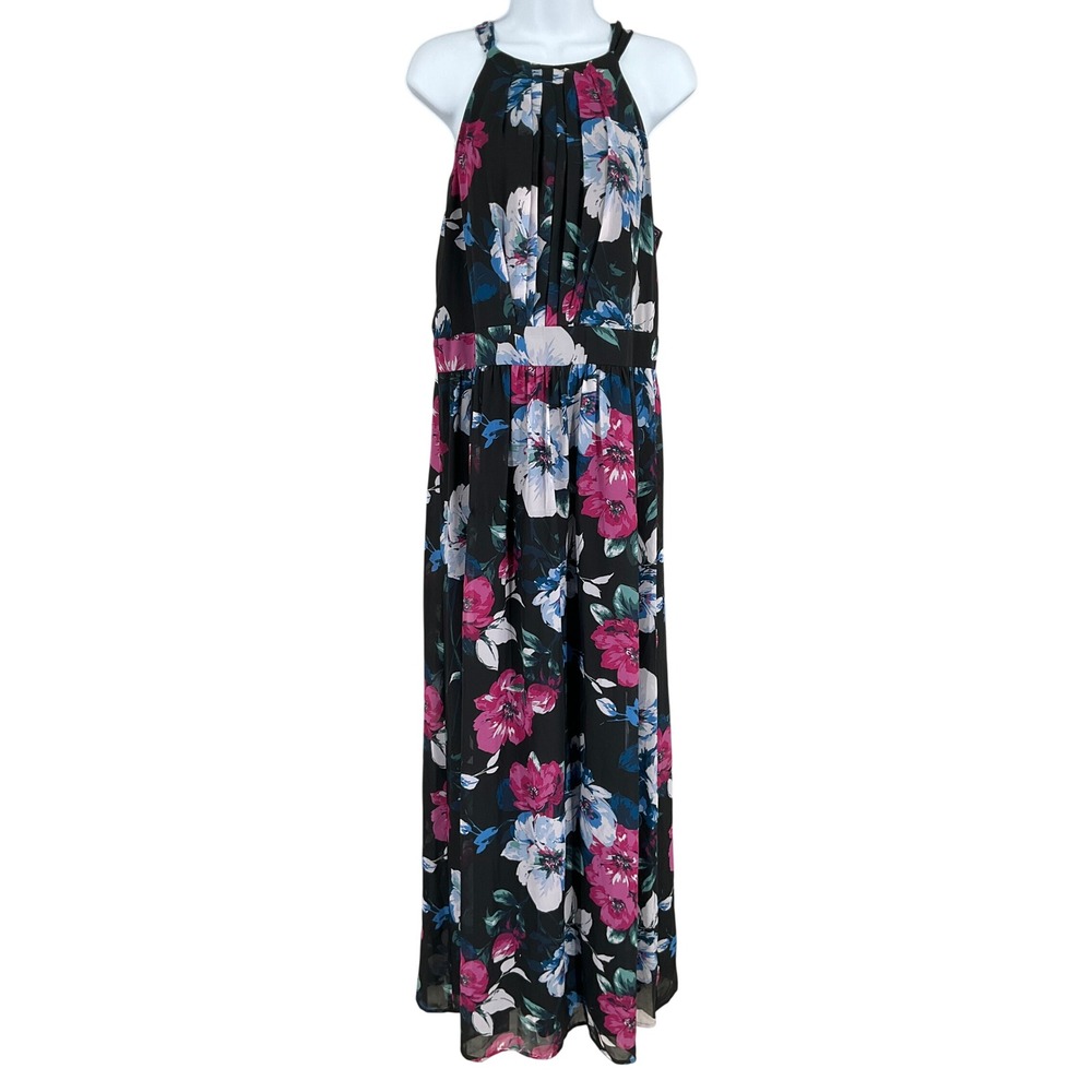 INC Halter Maxi‎ Dress Womens 12 Black Floral Boho Spring Wedding Guest Bohemian